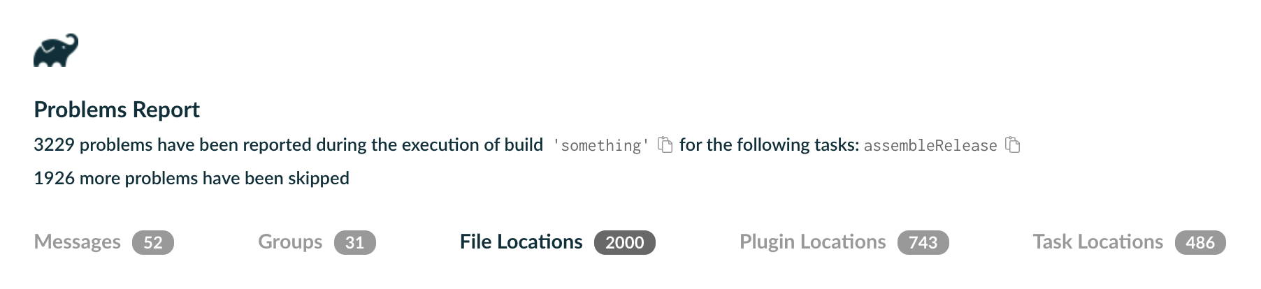 Problems report listing many problems with their source locations